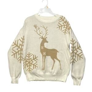 Women Christmas Sweater Jacquard Knit Cream Sz M Reindeer‎ Snowflakes Crewneck